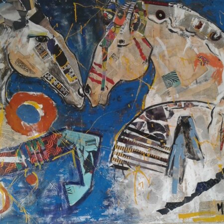 Technique mixte sur toile  150x185(collage papiers et tissus, peinture)