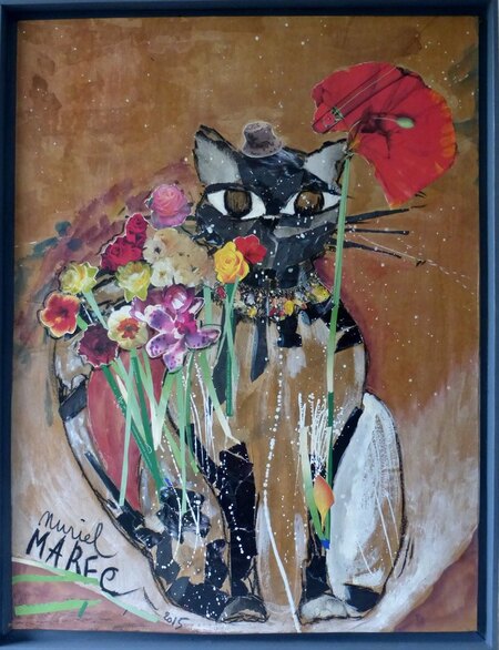 Chat au trop petit chapeau qui aimait les fleurs Collage sur bois 90x 80cm