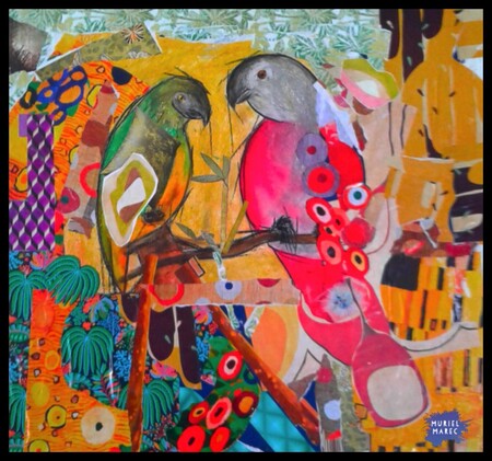 Perroquets 60x60cm collage et pastel gras