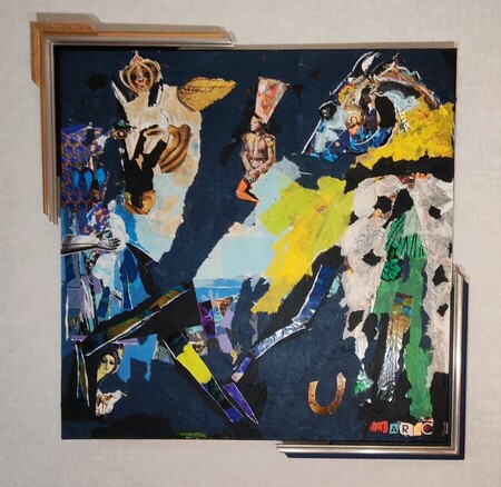 Symphonie &eacute;quine bleue nuit &eacute;toil&eacute;e collage sur toile